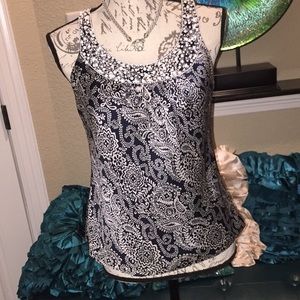 Ann Taylor Loft  embellished navy and White tank.